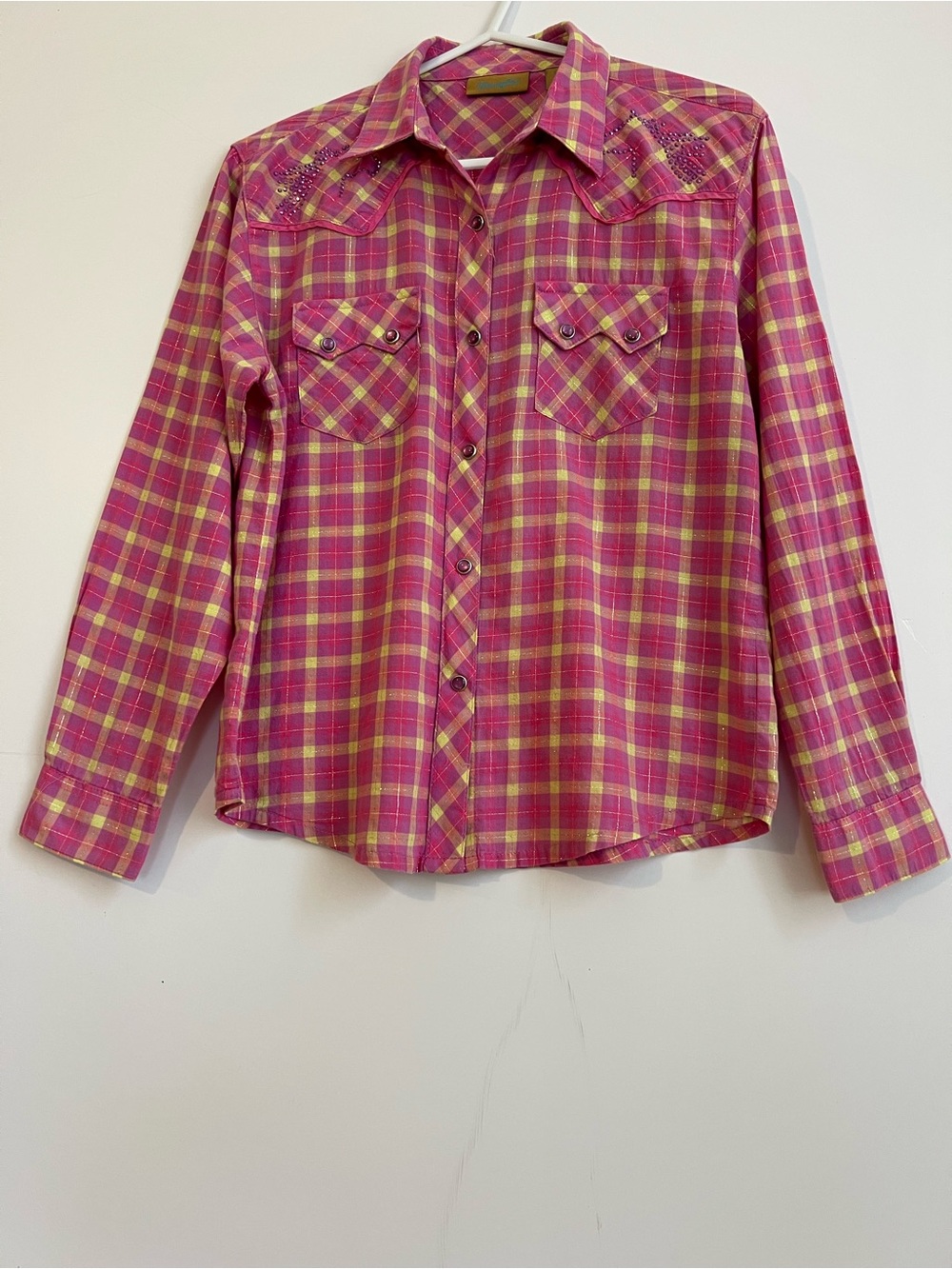 Wrangler Girls Pink, Yellow Plaid Cowgirl Western Shirt Rhinestone
Horses XL/12 - Picture 8 of 15